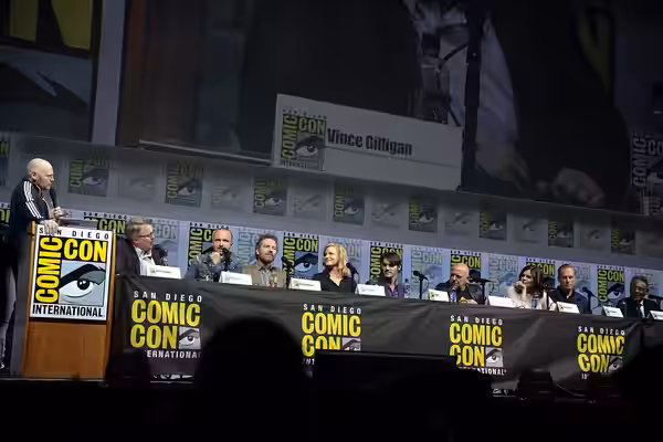 Bill Burr, Vince Gilligan, Aaron Paul, Bryan Cranston, Anna Gunn, RJ Mitte, Dean Norris, Betsy Brandt, Bob Odenkirk and Giancarlo Esposito speaking at the 2018 