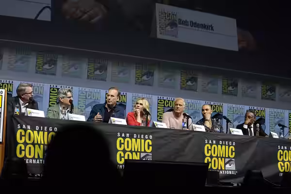 Vince Gilligan, Peter Gould, Bob Odenkirk, Rhea Seehorn, Patrick Fabian, Michael Mando and Giancarlo Epsosito speaking at the 2018 San Diego Comic Con Internati