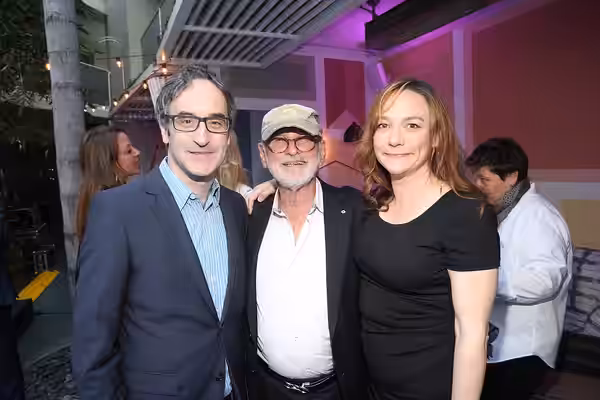 Norman Jewison, Founder and Chair Emeritus, CFC, with Cineplex Entertainment Film Program alumni Don McKellar and Semi Chellas. Photo: Jesse Grant. (2016)