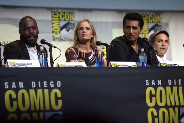 Colman Doming, Kim Dickens, Cliff Curtis and Frank Dillane speaking at the 2016 San Diego Comic Con International, for "Fear the Walking Dead", at the San Diego