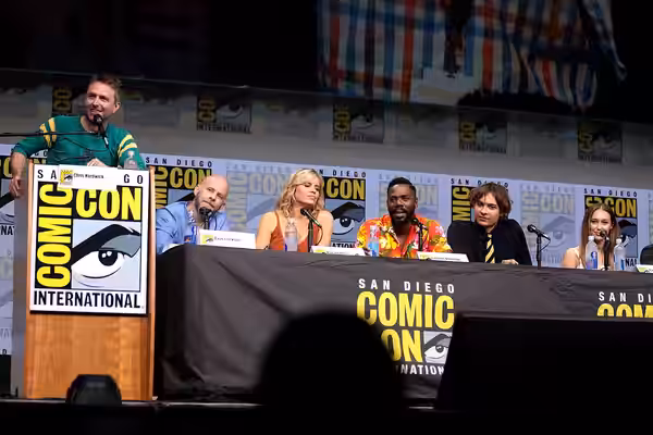 Chris Hardwick, Dave Erickson, Kim Dickens, Colman Domingo, Frank Dillane and Alycia Debnam-Carey speaking at the 2017 San Diego Comic Con International, for "F