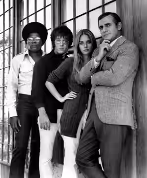 1969 cast photo from the television program The Mod Squad. From left: Clarence Williams III, Michael Cole, Peggy Lipton, Tige Andrews.