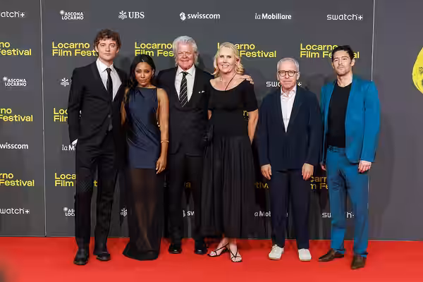 Josh Whitehouse, Meagan Holder, Duwayne Dunham and guests attend the "Le Pays d'Arto" red carpet during the 78th Locarno Film Festival on August 06, 2025 in Loc