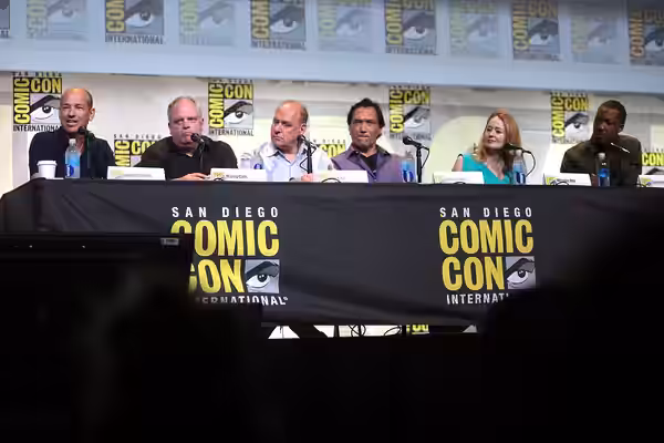 Howard Gordon, Manny Coto, Evan Katz, Jimmy Smits, Miranda Otto and Corey Hawkins speaking at the 2016 San Diego Comic Con International, for "24: Legacy", at t