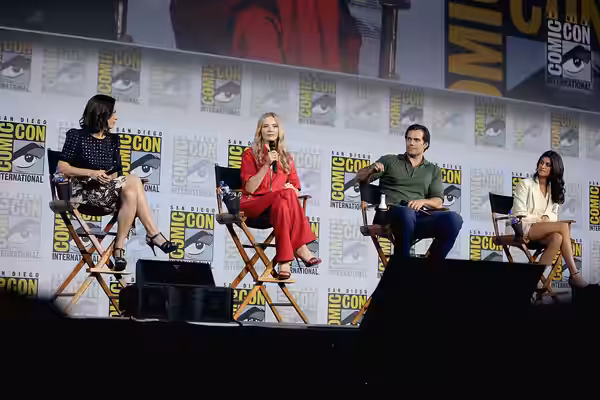 Lauren Schmidt Hissrich, Freya Allan, Henry Cavill and Anya Chalotra speaking at the 2019 San Diego Comic Con International, for "The Witcher", at the San Diego