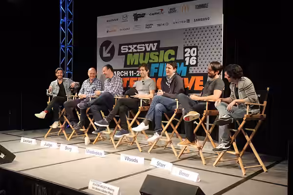 "SILICON VALLEY: Making the World a Better Place", a panel at SXSW 2016 starring the cast and creators of Silicon Valley (TV series). From left to right, pictur