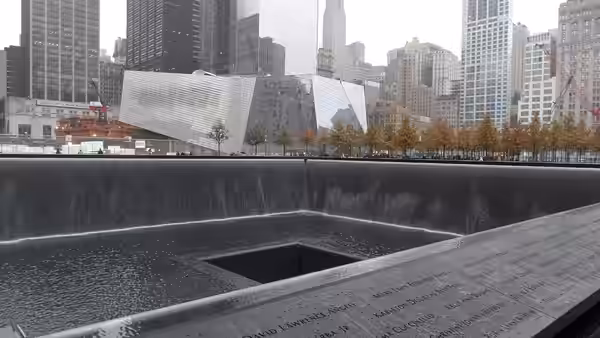 This is a view of one of the fountains located within the site of the World Trade Center, which was destroyed on September 11, 2001. The two fountains, one for  (2011)