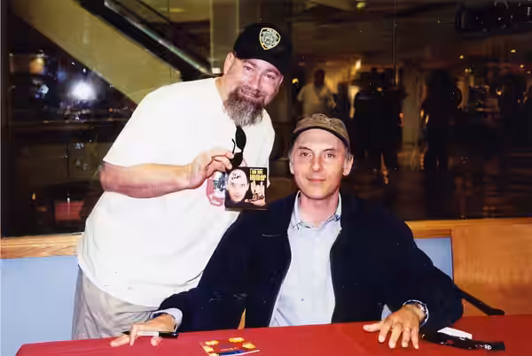 Kevin Stockdale and his copy of I Am Not Homer signed by Dan Castellaneta at Borders Books in South Coast Plaza (2002)