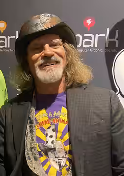 The Simpsons animation director David Silverman and Dominic Dobrzensky at SPARKCG keynote at the Roundhouse Community Arts & Recreation Centre in Vancouver. (2023)