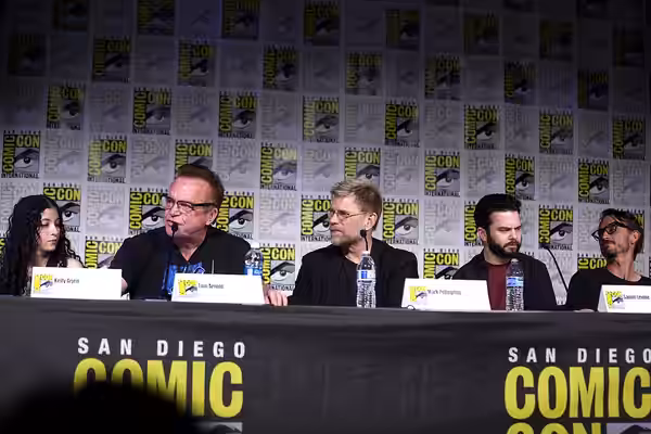 Kelly Arjen, Tom Arnold, Mark Pellegrino, Samm Levine and Luke Edwards speaking at the 2023 San Diego Comic Con International, for "Underdeveloped", at the San 