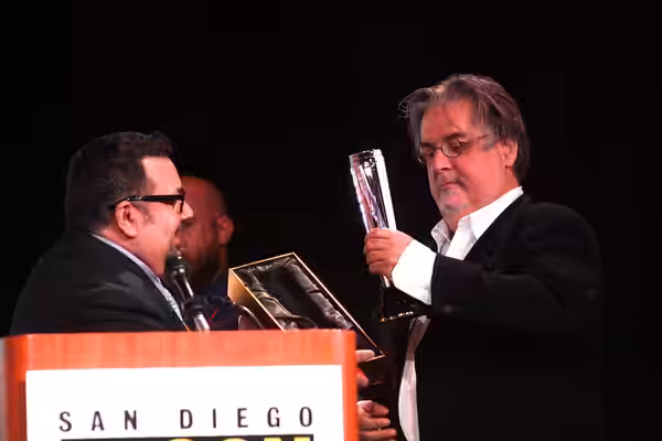 David Glanzer &amp; Matt Groening speaking at the 2012 San Diego Comic-Con International in San Diego, California, after receiving the 2012 Icon Award. Please a