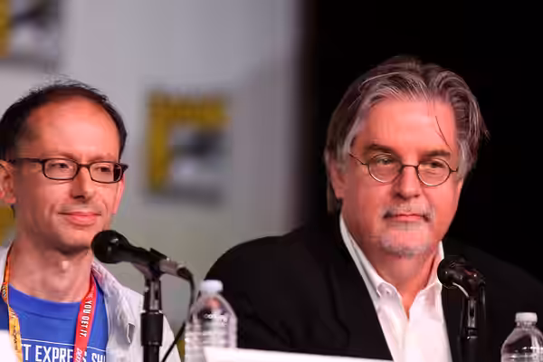 David X. Cohen &amp; Matt Groening speaking at the 2012 San Diego Comic-Con International in San Diego, California. Please attribute to Gage Skidmore if used el