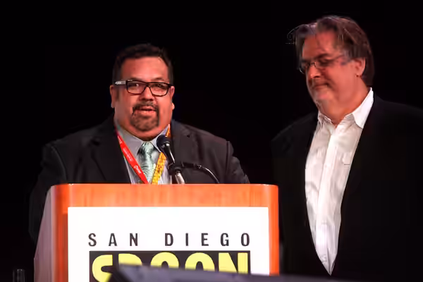 David Glanzer &amp; Matt Groening speaking at the 2012 San Diego Comic-Con International in San Diego, California, before receiving the 2012 Icon Award. Please 