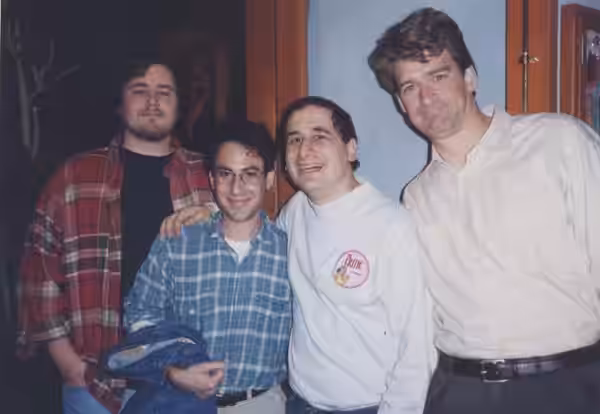 Writers of The Simpsons in 1994. (L to R) Bill Oakley, Josh Weinstein, Mike Reiss, Jeff Martin