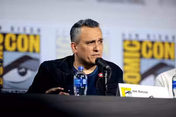 Joe Russo speaking at the 2019 San Diego Comic Con International, for "A Conversation with the Russo Brothers", at the San Diego Convention Center in San Diego,