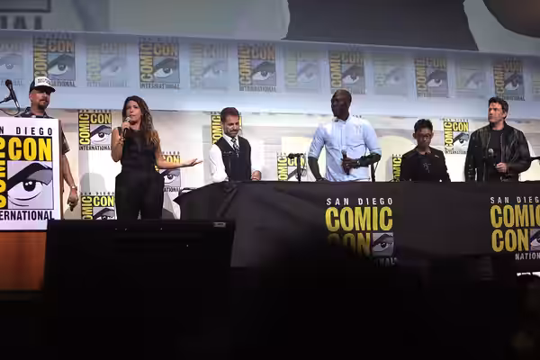 David Ayer, Patty Jenkins, Zack Snyder, Rick Famuyiwa, James Wan and Ben Affleck speaking at the 2016 San Diego Comic-Con International in San Diego, California