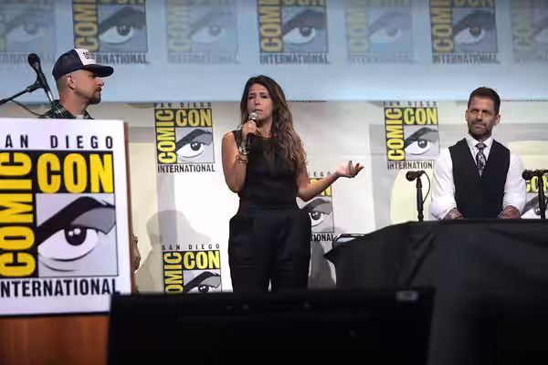 David Ayer, Patty Jenkins and Zack Snyder speaking at the 2016 San Diego Comic Con International, for "Warner Bros. Pictures", at the San Diego Convention Cente