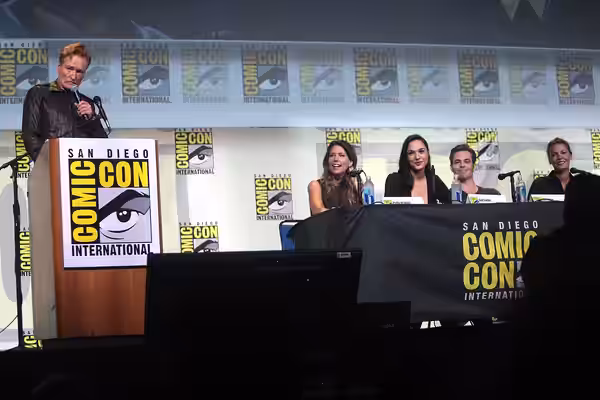 Conan O'Brien, Patty Jenkins, Gal Gadot, Chris Pine and Connie Nielsen speaking at the 2016 San Diego Comic Con International, for "Wonder Woman", at the San Di