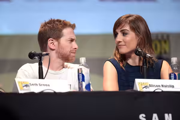 Seth Green and Alison Haislip speaking at the 2015 San Diego Comic Con International, for "Con Man", at the San Diego Convention Center in San Diego, California