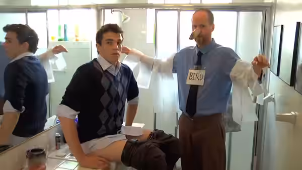 A screenshot from "The Coach (featuring Joss Whedon)", a sketch comedy video posted to YouTube by BriTANicK (2012)