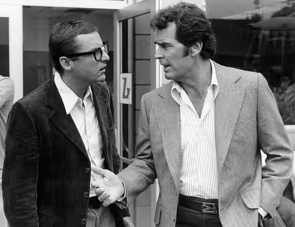 Photo of James Garner as Jim Rockford and James Whitmore, Jr. as Freddie Beamer from the television program The Rockford Files. Whitmore's character appeared on (1977)