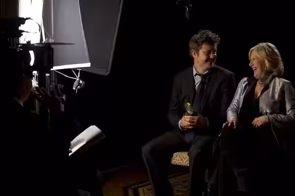 Beau Willimon and Jayne Atkinson during the interview for "House of Cards." (2014)