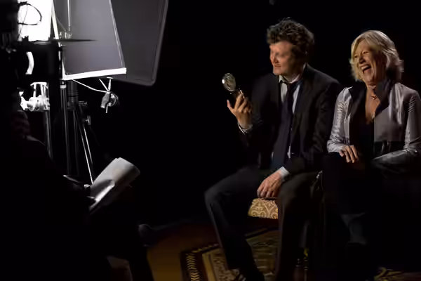 Beau Willimon and Jayne Atkinson during the interview for "House of Cards." (2014)