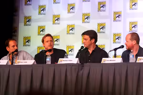 Tim Minear, Alan Tudyk, Nathan Fillion &amp; Joss Whedon speaking at the 2012 San Diego Comic-Con International in San Diego, California. Please attribute to Ga
