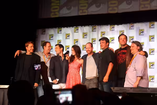 The Firefly cast, Joss Whedon, Nathan Fillion, Alan Tudyk, Summer Glau, Adam Baldwin, Sean Maher, Jose Molina and Tim Minear, speaking at the 2012 San Diego Com