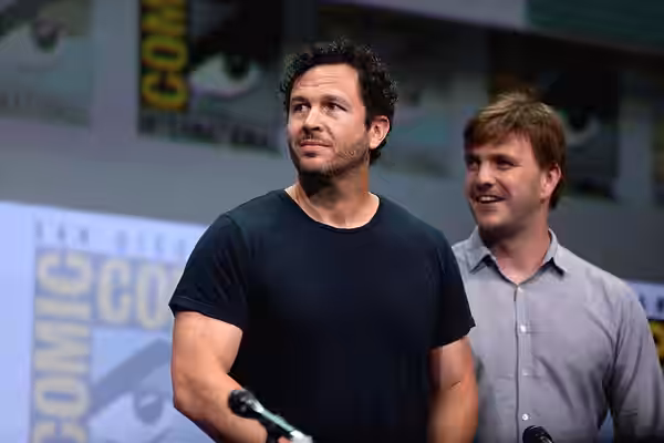 Eric Newman and Bryan Unkeless speaking at the 2017 San Diego Comic Con International, for "Bright", at the San Diego Convention Center in San Diego, California