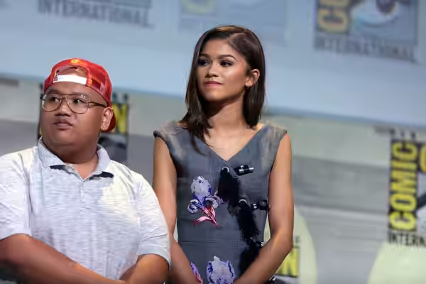 Jacob Batalon and Zendaya speaking at the 2016 San Diego Comic Con International, for "Spider-Man: Homecoming", at the San Diego Convention Center in San Diego,