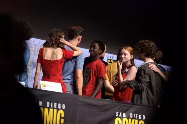 Natalia Dyer, Dacre Montgomery, Caleb McLaughlin and Sadie Sink speaking at the 2017 San Diego Comic Con International, for "Stranger Things", at the San Diego 
