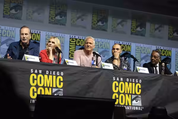 Bob Odenkirk, Rhea Seehorn, Patrick Fabian, Michael Mando and Giancarlo Epsosito speaking at the 2018 San Diego Comic Con International, for "Better Call Saul",