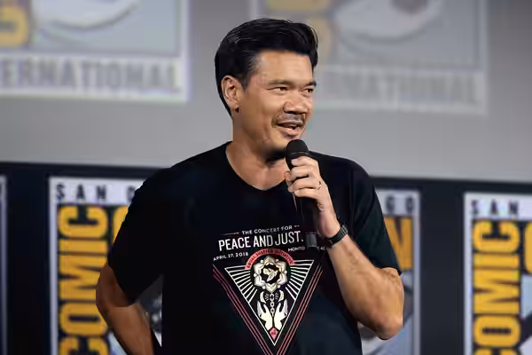 Destin Daniel Cretton speaking at the 2019 San Diego Comic Con International, for "Shang-Chi and the Legend of the Ten Rings", at the San Diego Convention Cente