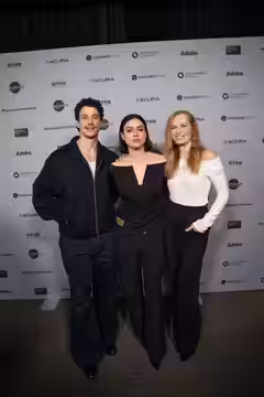Adam Dimarco, Nina Kiri, and Michèle Duquet (cast) at the premiere for Undertone at Sundance Film Festival 2026.