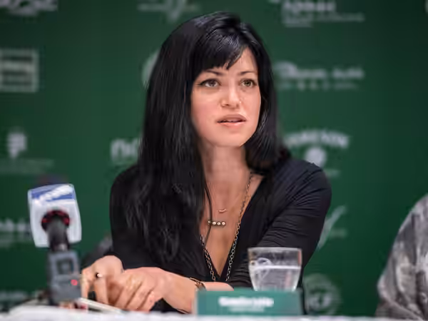 Natalia Leite at a press conference in Hungary (2020)