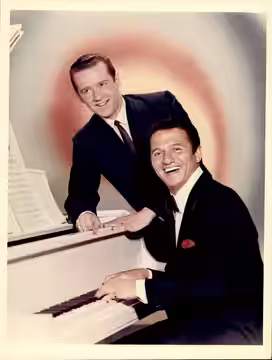 Press photo of (from left) George Carlin and Buddy Greco for the CBS television program Away We Go (1967)