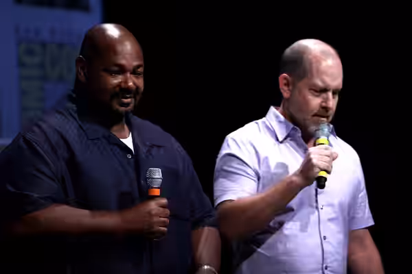 Kevin Michael Richardson &amp; Mike Henry speaking at the 2012 San Diego Comic-Con International in San Diego, California. Please attribute to Gage Skidmore if 