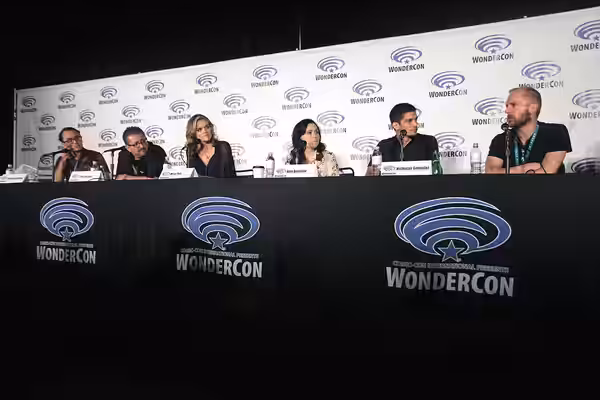 Gustavo Arellano, Lalo Alcaraz, Missi Pyle, Alex Borstein, Nicholas Gonzalez and Mark Hentemann speaking at the 2016 Wondercon, for "Bordertown", at the Los Ang