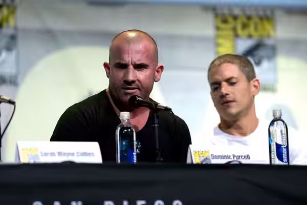 Dominic Purcell and Wentworth Miller speaking at the 2016 San Diego Comic Con International, for "Prison Break", at the San Diego Convention Center in San Diego