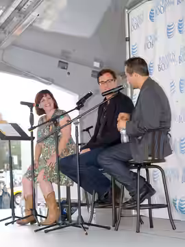 At left, comedian and talk show host Sara Benincasa, moderating the "Comedians as Authors" panel at the the 2014 Brooklyn Book Festival. Speaking on the panel n