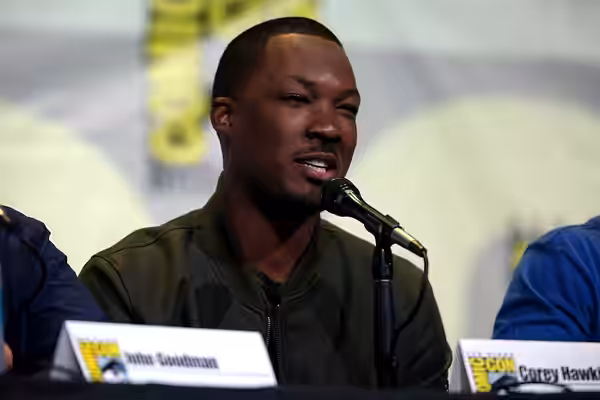 Corey Hawkins speaking at the 2016 San Diego Comic Con International, for "Kong: Skull Island", at the San Diego Convention Center in San Diego, California. Ple