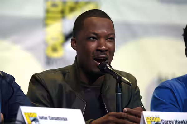 Corey Hawkins speaking at the 2016 San Diego Comic Con International, for "Kong: Skull Island", at the San Diego Convention Center in San Diego, California. Ple