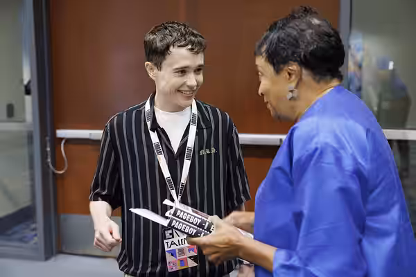 Librarian of Congress Carla Hayden greets author Elliot Page at the 2023 Library of Congress National Book Festival, August 12, 2023. Photo by Shawn Miller/Libr
