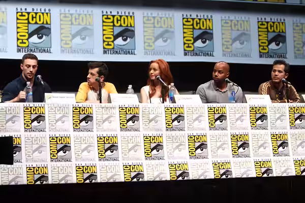 Aaron Taylor-Johnson, Christopher Mintz-Plasse, Lindy Booth, Donald Faison and John Leguizamo speaking at the 2013 San Diego Comic Con International, for "Kick-