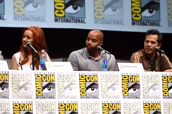 Lindy Booth, Donald Faison and John Leguizamo speaking at the 2013 San Diego Comic Con International, for "Kick-Ass 2", at the San Diego Convention Center in Sa
