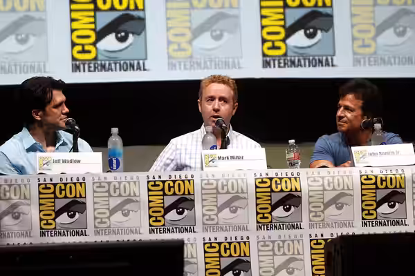 Jeff Wadlow, Mark Millar and John Romita, Jr. speaking at the 2013 San Diego Comic Con International, for "Kick-Ass 2", at the San Diego Convention Center in Sa