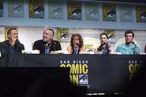 Alan Tudyk, PJ Haarsma, Mindy Sterling, Felicia Day and Liam McIntyre speaking at the 2016 San Diego Comic Con International, for "Con Man", at the San Diego Co