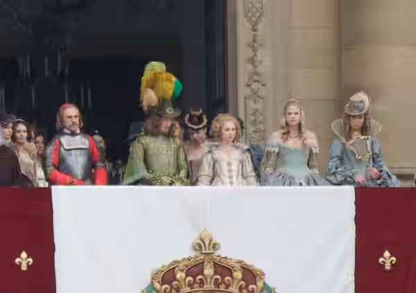 Behind the scenes photo of a balcony shot of the 2011 version of the Three Musketeers, being filmed at the the Residenz in Würzburg Bavaria. From left to right: (2010)