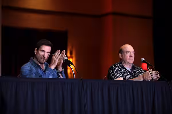 Dylan McDermott and John Carroll Lynch speaking with attendees at the 2023 Mad Monster Arizona Party at the Renaissance Phoenix Glendale Hotel &amp; Spa in Glen